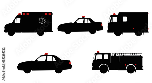 Essential emergency vehicles including police cars, fire trucks, and an ambulance in a black silhouette against a plain white background.