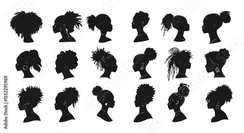 Diverse array of black women's hairstyles showcased in minimalist silhouette art, celebrating hair textures and styles
