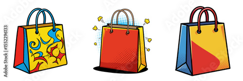 Colorful shopping bags in pop art style on black background, set