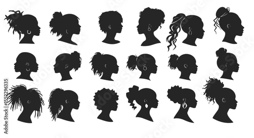 Diverse women silhouettes showcase various hairstyles and hair textures in a sleek black design