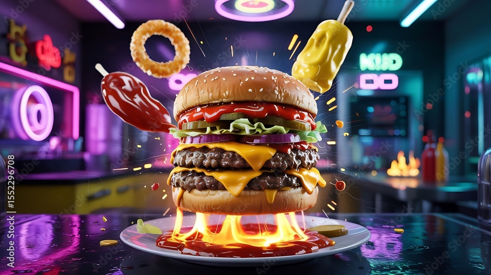 custom made wallpaper toronto digitalDelicious double cheeseburger with neon kitchen background for restaurant food promotion ads