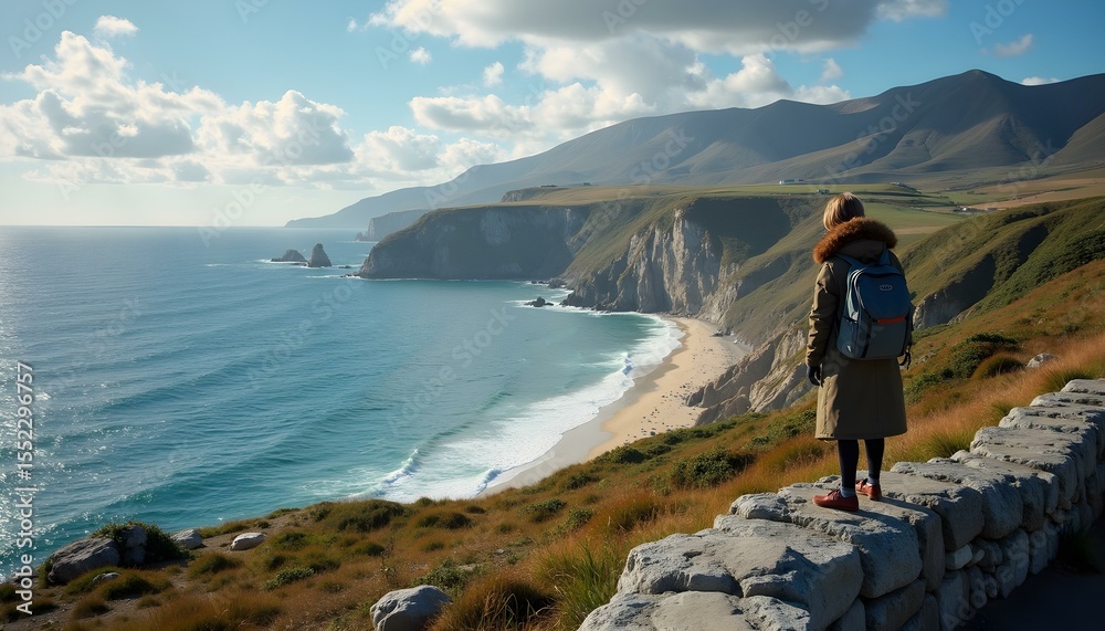 Fototapeta premium Woman standing on rocky coastline overlooking ocean and mountains 
