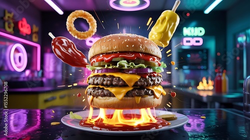 Wallpaper Mural Delicious double cheeseburger with neon kitchen background for restaurant food promotion ads Torontodigital.ca