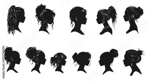Silhouetted girls showcase diverse hairstyles in elegant black profiles, a study of coiffure and feminine forms.