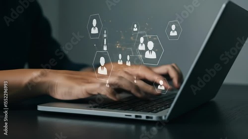  Connecting Online: Typing on Laptop with Network of People Icons - Digital Network, Social Media, HR, Recruitment