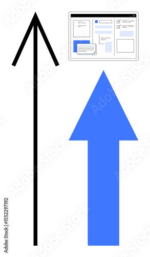 Upward black and blue arrows point to a digital webpage layout, symbolizing growth, progress, navigation, or technology improvement. Ideal for web design, career, innovation, business strategy