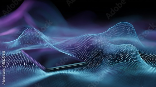 Abstract Digital Wave Background Smartphone Technology Futuristic Purple Blue Neon Glowing Modern Network Data Connection Mobile Device Screen Elegant Design Illustration Mesh     