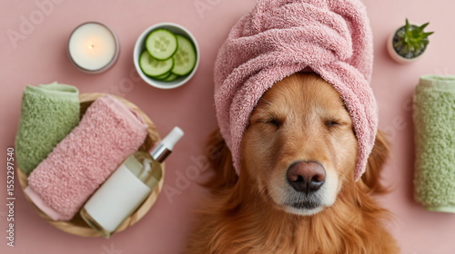Golden retriever dog with towel on head relaxing during spa day for pet grooming and self-care. Animal welfare concept. On pink background. With cucumber mask.