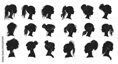 Diverse female hairstyles shown in silhouettes, offering inspiration for hair design and styling ideas.