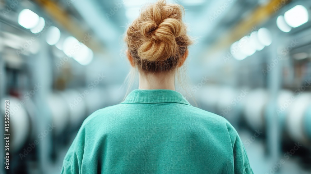 Fototapeta premium A woman stands in an industrial space, gazing ahead, with her hair styled in a bun, exuding confidence and a modern aesthetic amidst a factory backdrop.