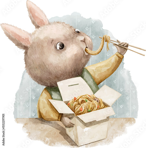 Cute cartoon little rabbit bunny character animal in clothes eats Chinese noodles from a box with chopsticks isolated on white background. Watercolor hand drawn illustration sketch vector