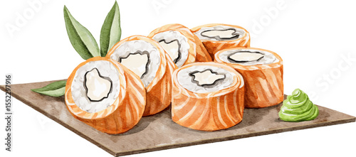 Cute Japanese salmon and rice sushi rolls on tray with wasabi fast food isolated on white background. Watercolor hand drawn illustration sketch vector