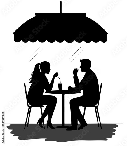 Romantic cafe scene shows a couple in silhouette enjoying coffee under an umbrella at a table
