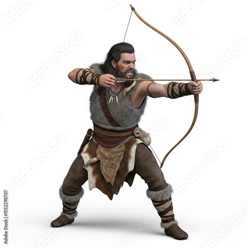 Fierce prehistoric archer in action with bow and arrow