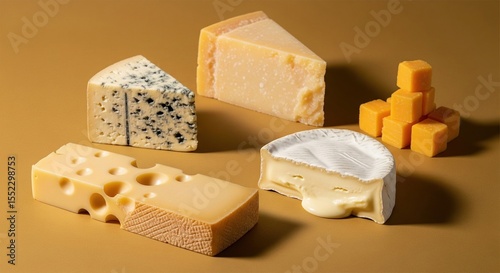 Assorted cheeses display with brie, cheddar, swiss, blue cheese, and parmesan on brown background