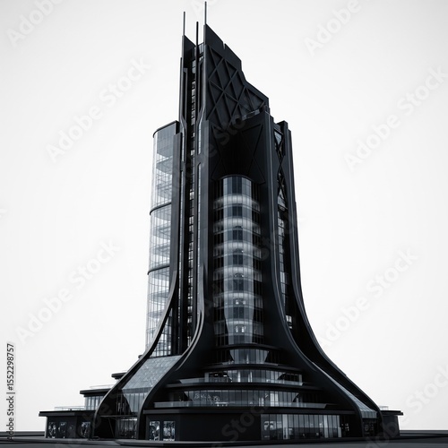 Innovative modern black skyscraper with futuristic design against minimalistic background