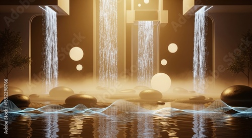 Futuristic zen spa: waterfalls, mist, and ambient glow