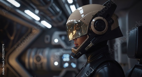 Futuristic spaceship interior with astronaut in advanced helmet and high-tech space suit