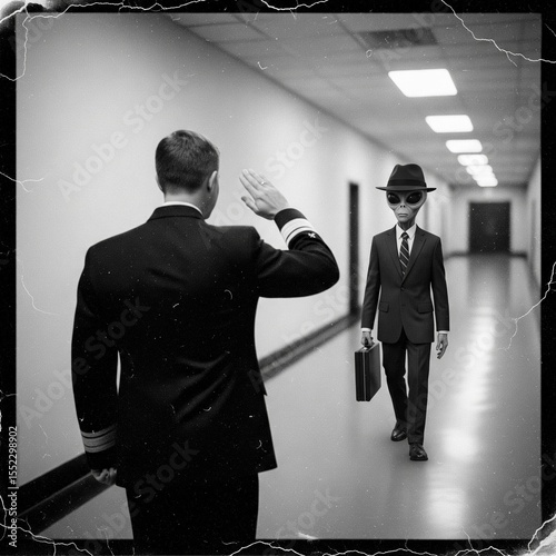 Mysterious meeting: pilot salutes mysterious agent in vintage black and white hallway scene