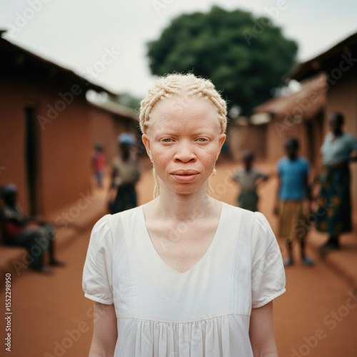 Portrait of a woman with albinism in traditional village setting, emphasizing diversity and community