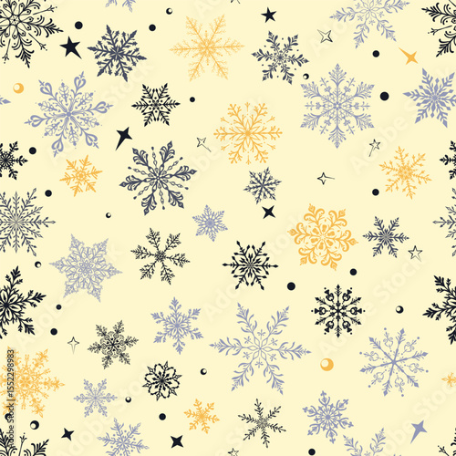 Wallpaper Mural Christmas seamless pattern with big and small snowflakes in various designs, gray and brown on beige background. Torontodigital.ca