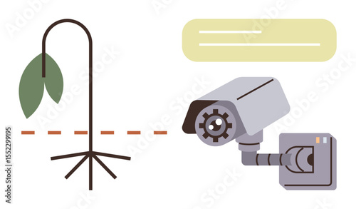 Security camera positioned near a drooping plant with monitoring elements conveys control, environmental awareness, and sustainability concerns. Ideal for ecology, surveillance, technology, control
