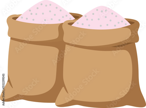 Two sacks filled with pink salt grains in simple vector illustration design for cooking or industry use 