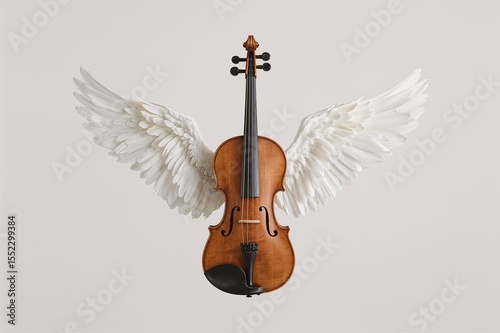 Wooden Violin with White Angel Wings on Neutral Background