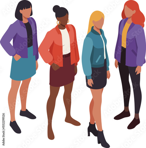 Group of four diverse women standing together in colorful casual business attire vector illustration 
