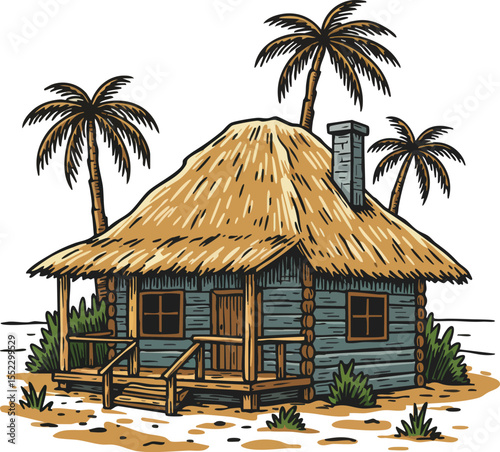 Tropical wooden hut with thatched roof and palm trees coastal beach scene vector illustration 