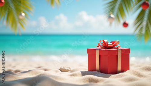 Cozy Christmas present on sandy beach with tropical backdrop, blending festive cheer with summer vibes.