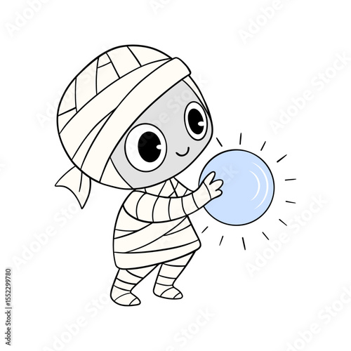 Magical cute Halloween mummy with crystal ball. Happy and smiling funny mummy. Line art element collection 