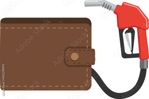 Brown Wallet Connected to Red Fuel Pump Nozzle Representing Fuel Costs and Money Management Vector Illustration 