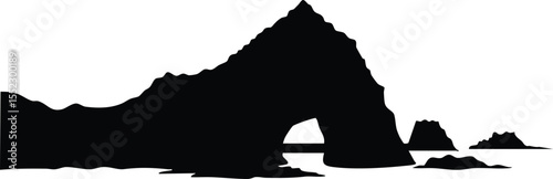 Natural rock arch formation with surrounding sea rocks vector silhouette illustration in black and white minimal style 