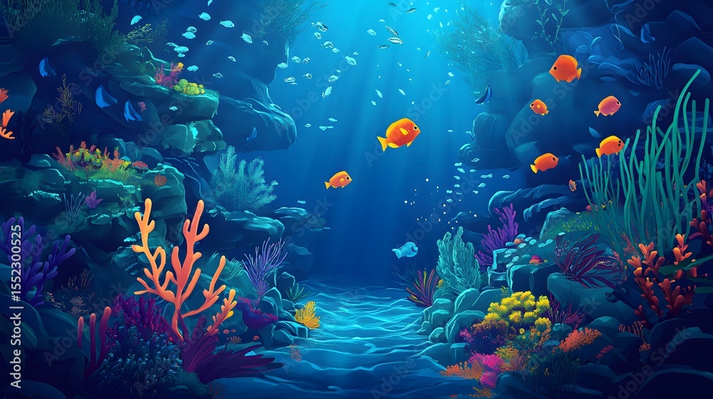 Naklejka premium Underwater Paradise: A vibrant underwater scene, teeming with colorful fish and coral reefs, creating a mesmerizing view of marine life and oceanic ecosystem.
