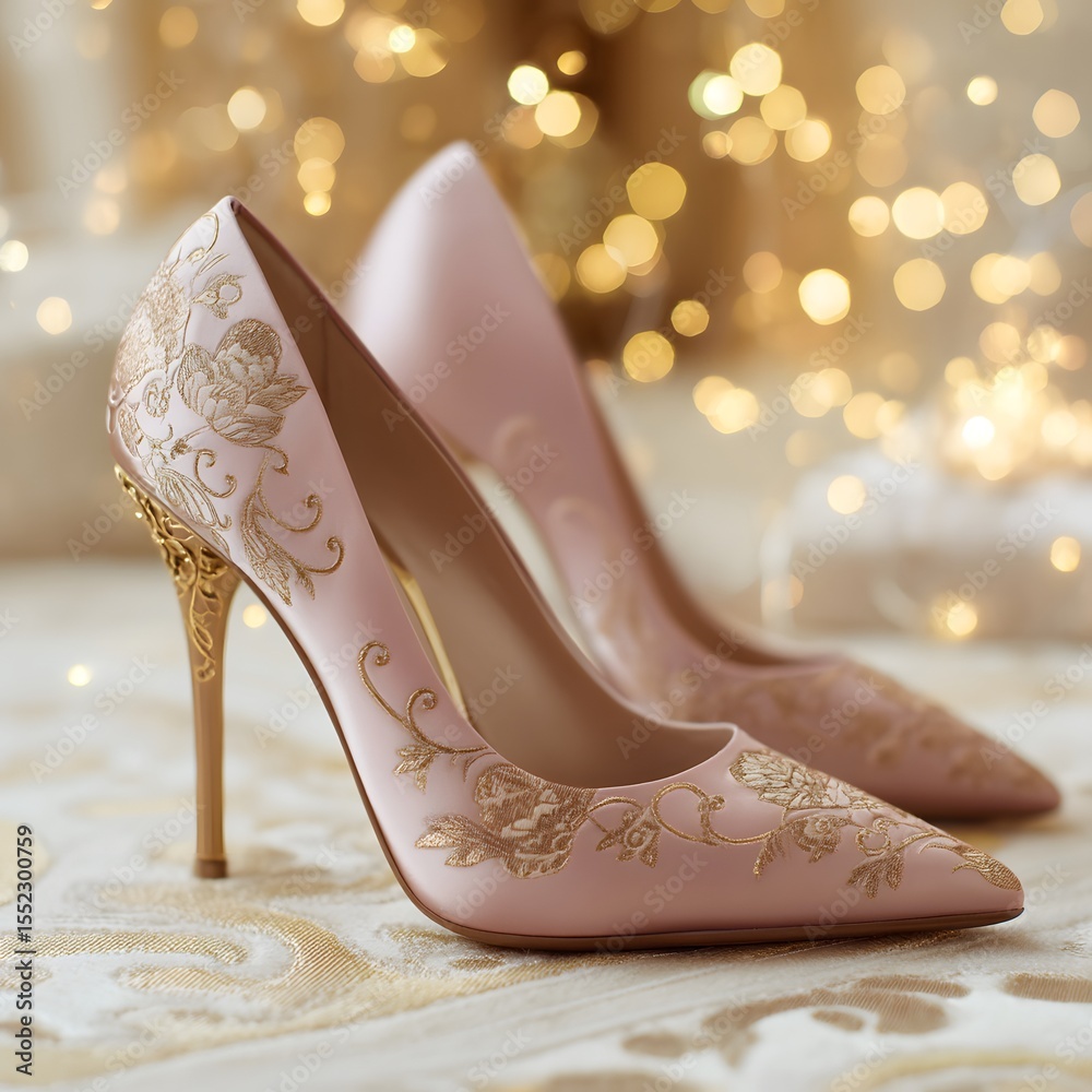 Obraz premium Elegant Heels: A pair of exquisite high heels, adorned with intricate floral embroidery and a delicate gold heel, radiate elegance and style.
