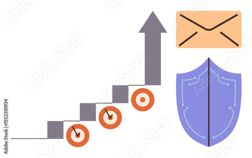 Ascending arrow steps with targets, envelope for communication, shield for protection. Ideal for business growth, marketing, success, security, data protection, communication simple flat metaphor