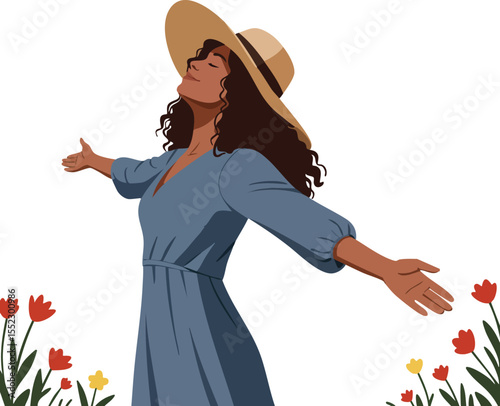 Woman in blue dress and wide brim hat enjoying nature with red and yellow flowers around her arms open wide 