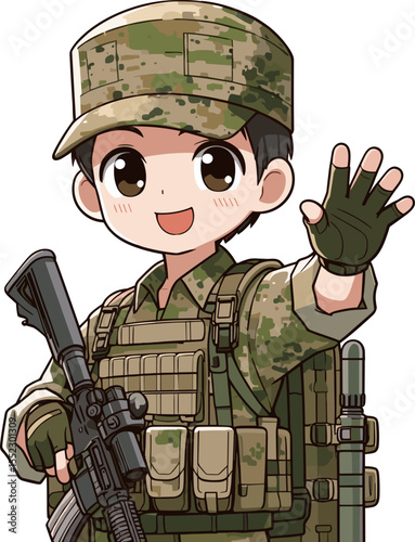 笑顔で手を振る迷彩服の軍人のイラスト