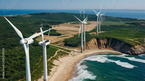 Line of wind turbines operating on the coast. Sustainable offshore wind energy solution.
