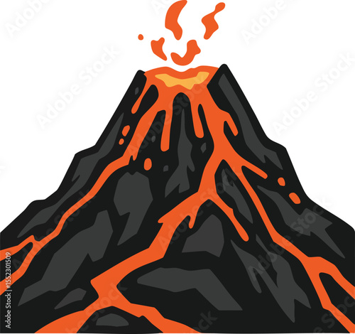Volcano erupting with flowing lava and smoke in vector illustration style natural disaster scene 
