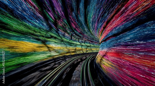 Abstract Colorful Tunnel Motion Blur Vibrant Dynamic Speed Energy Swirling Lines Railway Tracks Light Trails Artistic Digital Design Illustration Background Graphic Art path whirl 