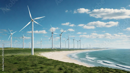 Modern wind turbines spinning near the sea. Eco-friendly renewable energy by the coast.