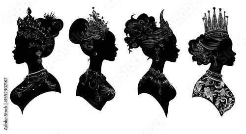 Silhouettes of African Queens displaying elegant crowns and accessories, regal style and vintage flair in beautiful dark contrast.