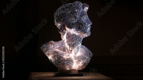 Illuminated Geometric Bust Sculpture Digital Art Modern Abstract Light Network Lines Elegant Design Glowing White Lines Intricate Details Artistic Render 3D Model High Resolution  