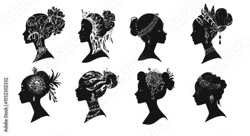 Glimpse eight female silhouettes adorned with intricate jewelry and elaborate hair arrangements against a bright background