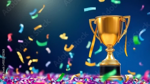 Gold winner trophy with falling confetti ribbons. First place trophy prize, champion award, best success achievement in sports competition. 4k video