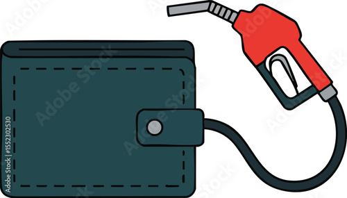 Wallet connected to red fuel pump nozzle representing fuel cost and price impact on personal finances vector 