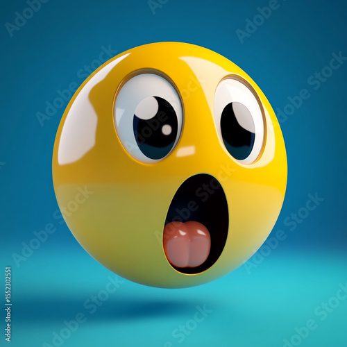 Surprised yellow emoji with big eyes and open mouth on blue background  