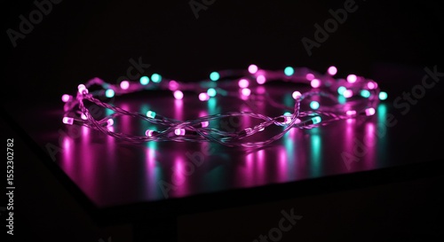 Colorful decorative string lights glowing on dark background  